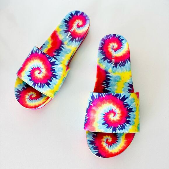ANTHROPOLOGIE GIANNI BINI Pink Blue Rainbow Swirl Tie Dye Sandals Slides Shoes 7 - Picture 1 of 12